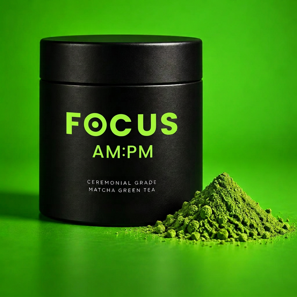 Focus:AM/PM matcha tin concept render with vivid green matcha powder